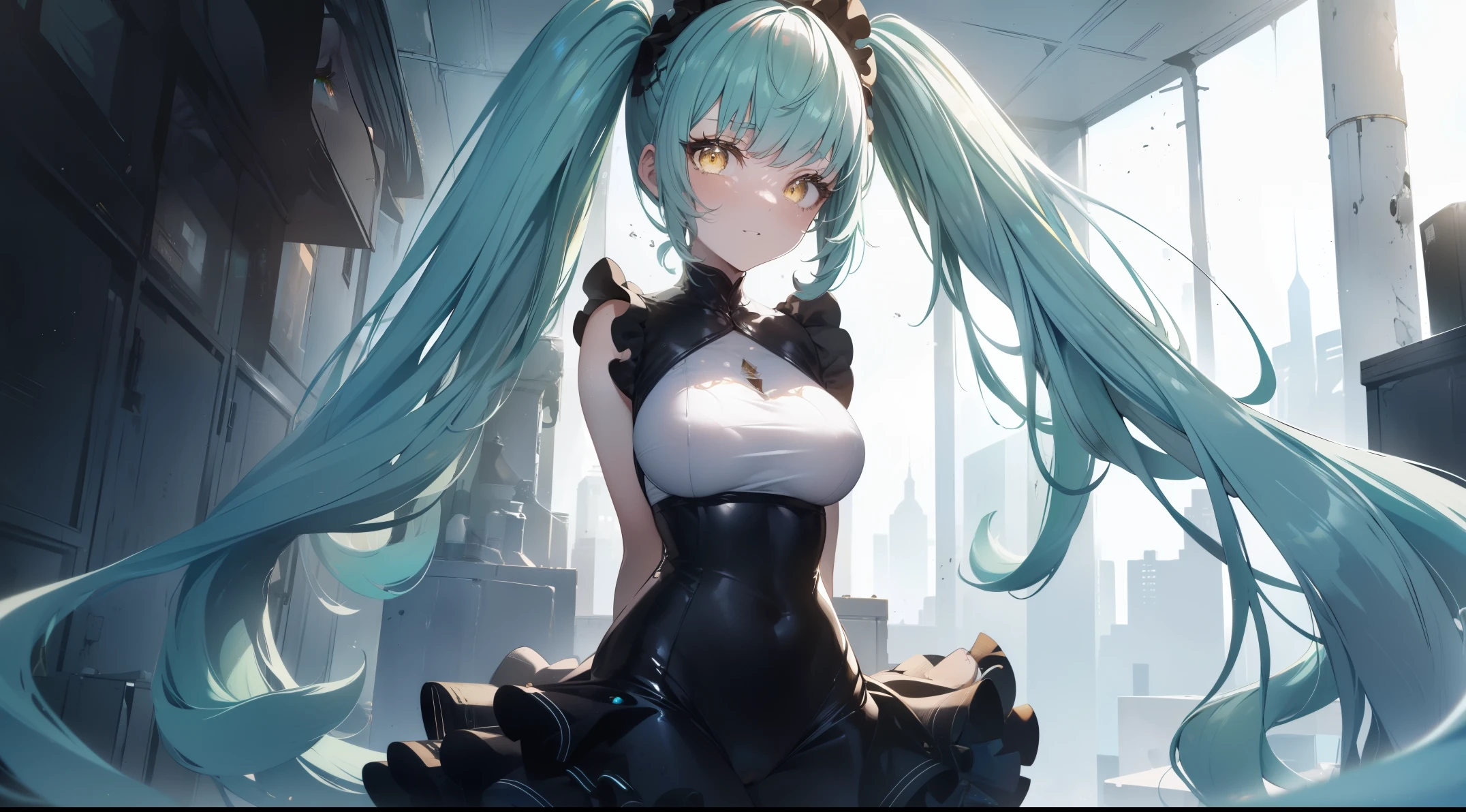 ((((Obra maestra, La mejor calidad, ultrahigh resolution)))), 1girl, standing, (cute maid costume), ((long aqua hair, aqua hair over eye)), long hair cut, ((golden eyes)), glowing_eyes, neon eyes, (ultra detailed eyes:0.7, beautiful and detailed face, detailed eyes:0.9), ((centered)), smile, ((wide shot)), facing viewer, ((vibrant background, bright lighting, summer, sunlight)), flat chested, looking at viewer, ((half closed eyes)), ((perfect hands)), (((head:1, arms, hips in view, elbows, arms, legs, in view))), ((hands behind back)), empty eyes, beautiful lighting, ((outside, outdoors)), defined subject, head tilt, (((gritty)), ((creepy)), ((cool)), ((beautiful)), (((SFW))), twin-tails, (zoom out), full body shot,