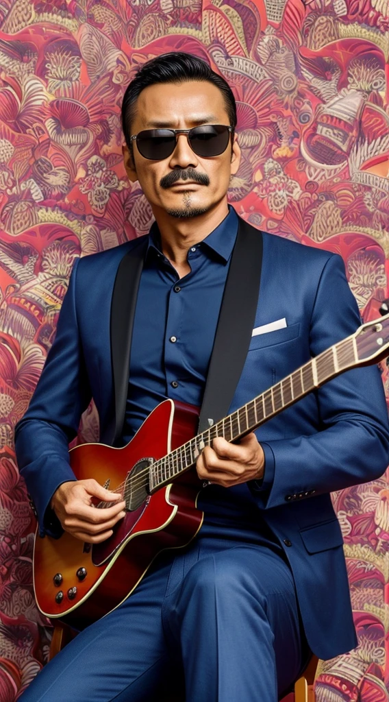 50 years old，Hidetoshi Nakata ，（Kogoro Mouri 1.3), tong, mustache，little beard, ray ban sunglasses, enjoying playing guitar, nice colourful pattern background, super detail, photography picture, wallpaper picture quality, masterpiece, high resolution, 4k hd, 8k hd, 16k hd