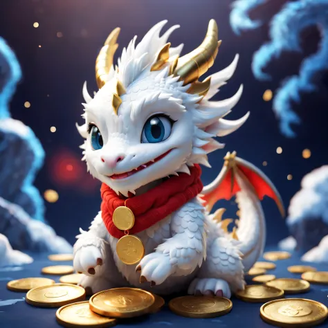（Ethereal cute fluffy smiling white zodiac dragon giving gold coins closeup），Plush toy design，（Gold coins flying），Babiko，Gorgeous stylish winter fashion sweaters and scarves，，Dark navy blue and fiery red background, 2024 new year elements, , Cute 3d render...