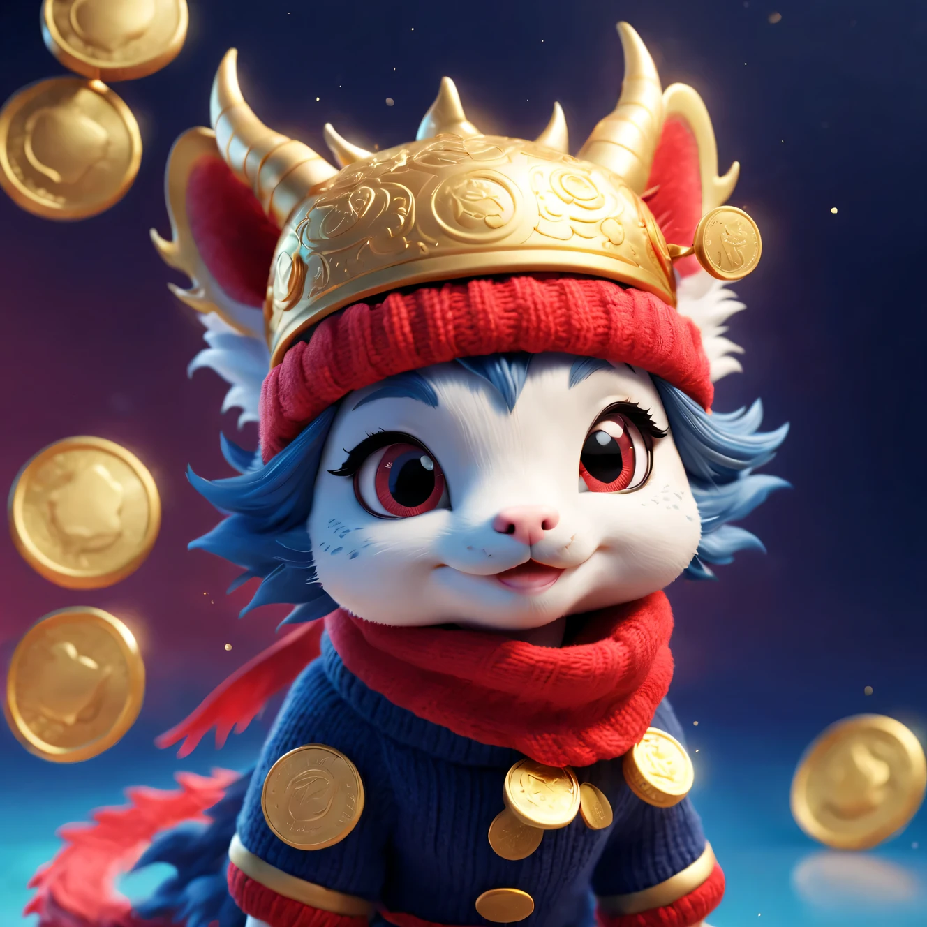 Plush toy design，（Close up of cute furry smiling little zodiac dragon wearing woolen hat throwing gold coins），（Close one eye）（Gold coins flying），looks like barbie doll，Gorgeous stylish winter fashion sweaters and scarves，Ethereal，Dark navy blue and fiery red background, 2024 new year elements, , Cute 3d rendering, Cute and detailed digital art, slight feeling, stylized 3d render, 8K， 3D character art rendering, lovely digital painting, Anime style 3D, Ultra-detailed rendering, hyper HD, tmasterpiece, Acura, ctextured skin, super detailing, high detal, high high quality, Award-Awarded, Best quality at best, A high resolution, 16k,