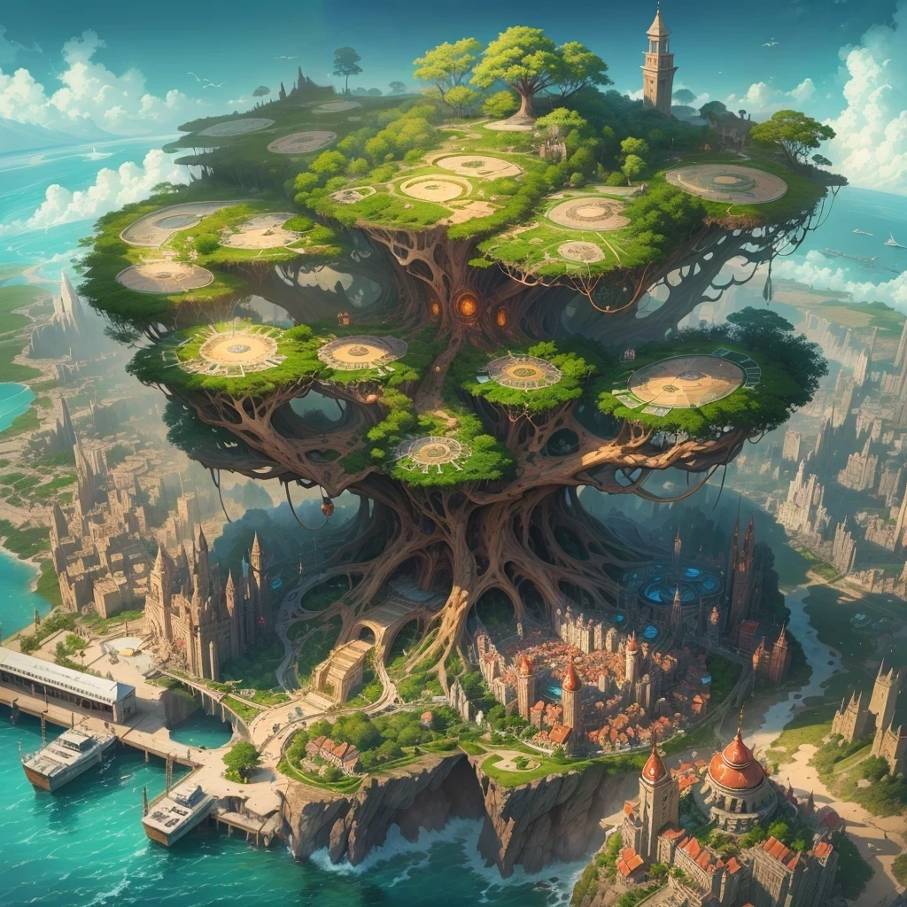 The farthest aerial view, an island in the sea, There is a huge spiritual tree on the island that is as huge as the world, Here are the basics of a natural magician, This is a magical city with a fantasy style, The giant tree is surrounded by the buildings of the Magic Academy and the village。and the sun was shining brightly，continuous city-state