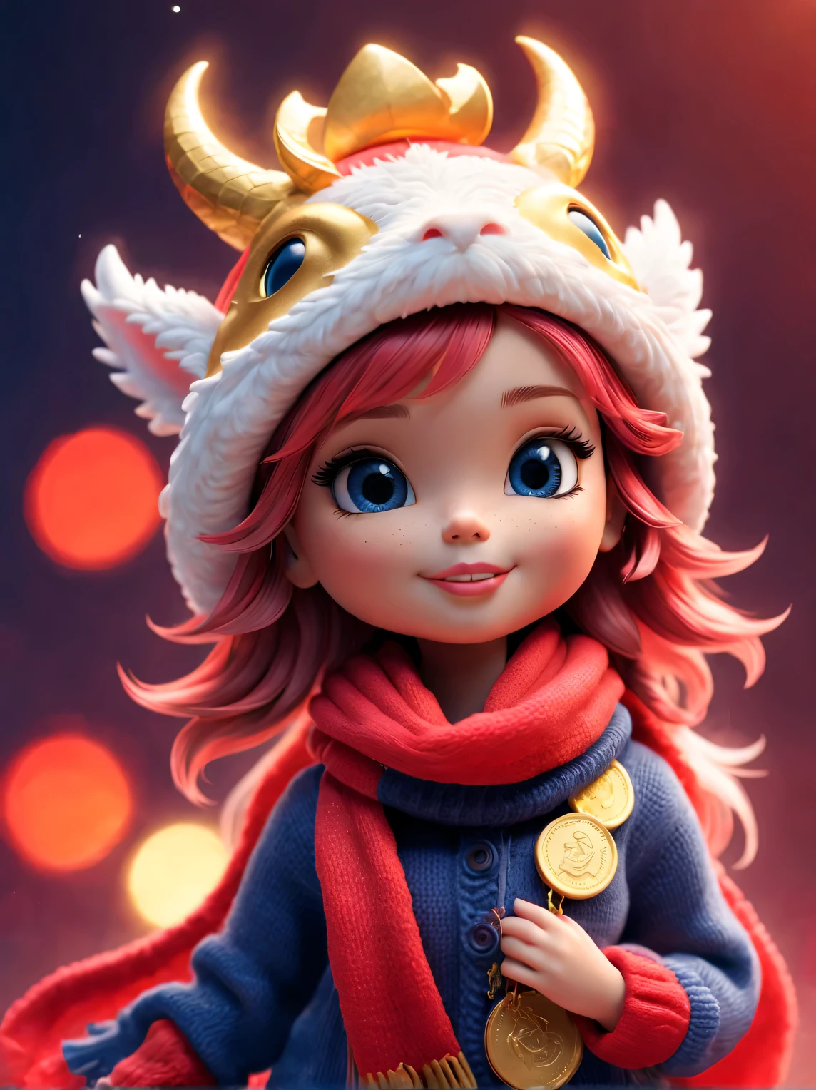 Plush toy design，（Cute furry smiling little zodiac dragon，Close one eye，wearing a woolen hat，Throwing gold coins in close-up action），（Gold coins flying），looks like barbie doll，Gorgeous stylish winter fashion sweaters and scarves，Ethereal，Dark navy blue and fiery red background, 2024 new year elements, , Cute 3d rendering, Cute and detailed digital art, slight feeling, stylized 3d render, 8K， 3D character art rendering, lovely digital painting, Anime style 3D, Ultra-detailed rendering, hyper HD, tmasterpiece, Acura, ctextured skin, super detailing, high detal, high high quality, Award-Awarded, Best quality at best, A high resolution, 16k,