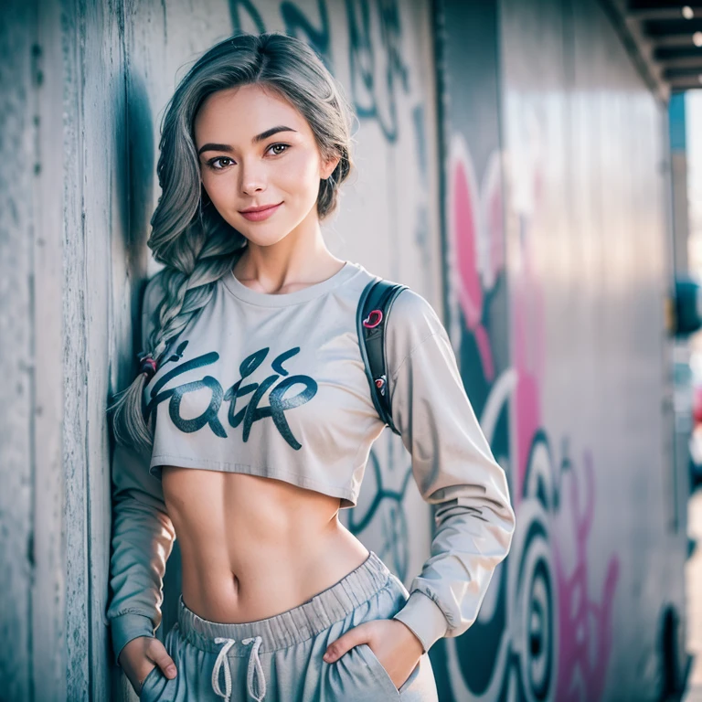 preciosa y linda chica austriaca, sonriente, (top corto), Pelo gris acero pelo suelto trenzado, camisa estampada de comics, pantalones jogging de gran tamaño, apoyarse contra la pared, callejón, (Grafiti en la pared), hip hop, sonriente, manos en los bolsillos, cara perfectamente simétrica, piel detallada, colores vivos, hdr, sombras duras, fotografía artística, enfoque suave, obra maestra, asombroso, perspectiva atmosférica, difusión, correlación de poros, imperfecciones de la piel, 80mm Sigma f2, profundidad de campo, iluminación natural intrincada