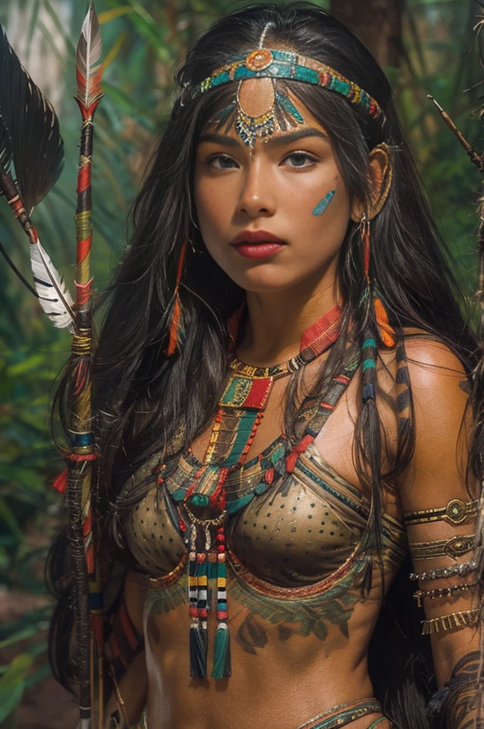 輝く美しさを持つ若い女性, 世界で最も美しいカボクラ・ジュレマ, 16歳, 先住民族, 彼女の頭に羽がある, 肩にかかる長くてまっすぐな髪, ((磁気を帯びた緑色の目)), ((四角い顔とくぼんだ顎)) , ((戦士の女性の力強い表情)), セクシーで官能的, 先住民族 body paintings, 女神の体と美しさ, 半裸 ((野生動物の皮を着る)), ((背中に弓と矢を背負って)),( (背景には満月の夜の森の真ん中にある神聖な寺院))