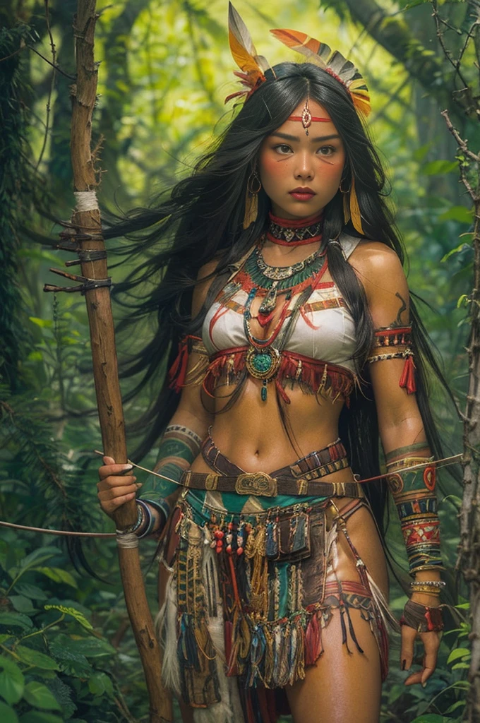 輝く美しさを持つ若い女性, 世界で最も美しいカボクラ・ジュレマ, 16歳, 先住民族, 彼女の頭に羽がある, 肩にかかる長くてまっすぐな髪, ((磁気を帯びた緑色の目)), ((四角い顔とくぼんだ顎)) , ((戦士の女性の力強い表情)), セクシーで官能的, 先住民族 body paintings, 女神の体と美しさ, 半裸 ((野生動物の皮を着る)), ((背中に弓と矢を背負って)),( (背景には満月の夜の森の真ん中にある神聖な寺院))