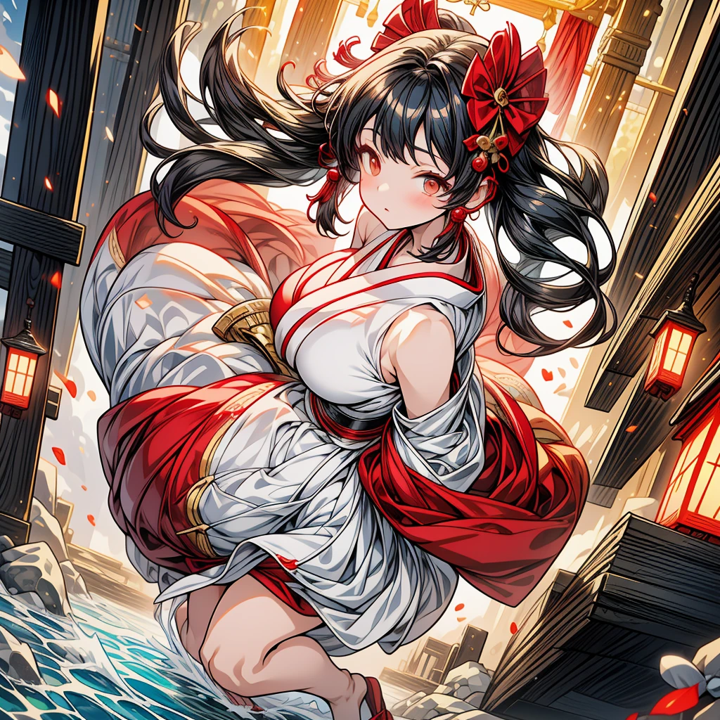 (the pounding mochi contest:1.4), masterpiece, High-quality, High-resolution, Realistic anime sketch, To celebrate the New Year, ((full body, featuring a beautiful Japanese sexy shrine maiden with Soft smooth body and Chubby plump skin, Full cheeks, large breasts and buttocks:1.4), (She's pounding soft mochi rice cake with her big hips:1.2)), The image captures the traditional red and white colors with a touch of gold, set in a bright scene with a top-down perspective, The main subject is shrine maiden, symbolizing the auspicious start of the year, in a traditional outfit, pestle and mortar, (The background is rich and delicate),