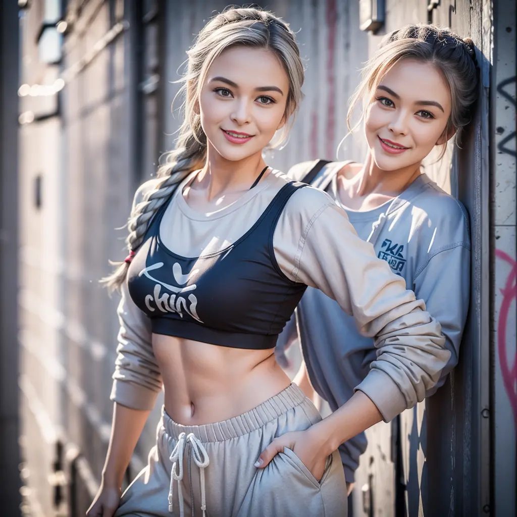 gorgeous cute austrian girl, smiling, (crop top), steel gray hair loose braided hair, comics printed shirt, oversized jogger pan...