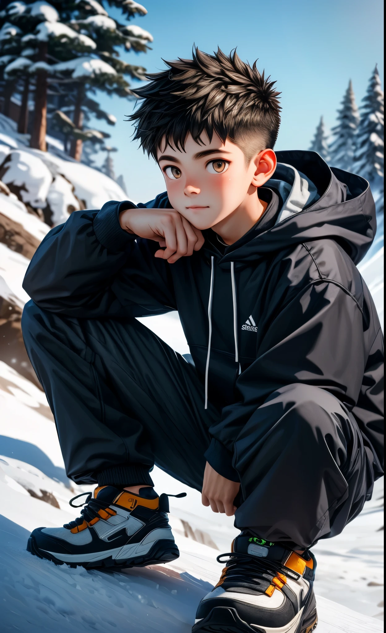 A boy wearing clothes on a snow-covered slope, Hyper-Realism, Highly detailed background, 8K UHD, Digital SLR, Soft lighting, High quality, Film grain, FUJI XT3, hard disk, sharp, Overall Details, 。.3D, OC rendering, Unreal Engine, Detailed face, Detailed skin, Detailed eyes, Realistic,