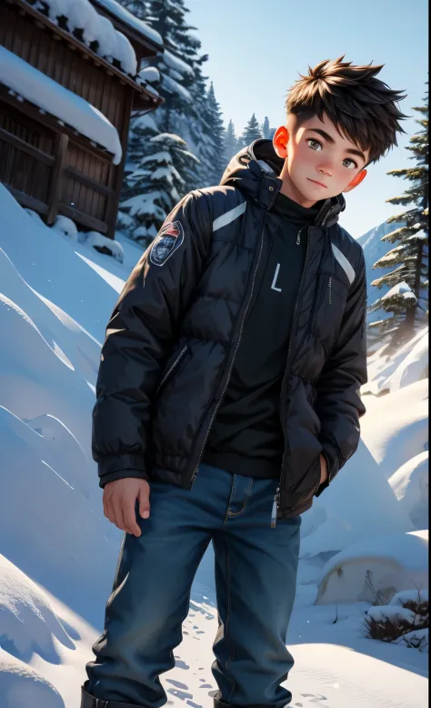 A boy wearing clothes on a snow-covered slope, Hyper-Realism, Highly detailed background, 8K UHD, Digital SLR, Soft lighting, High quality, Film grain, FUJI XT3, hard disk, sharp, Overall Details, 。.3D, OC rendering, Unreal Engine, Detailed face, Detailed ...