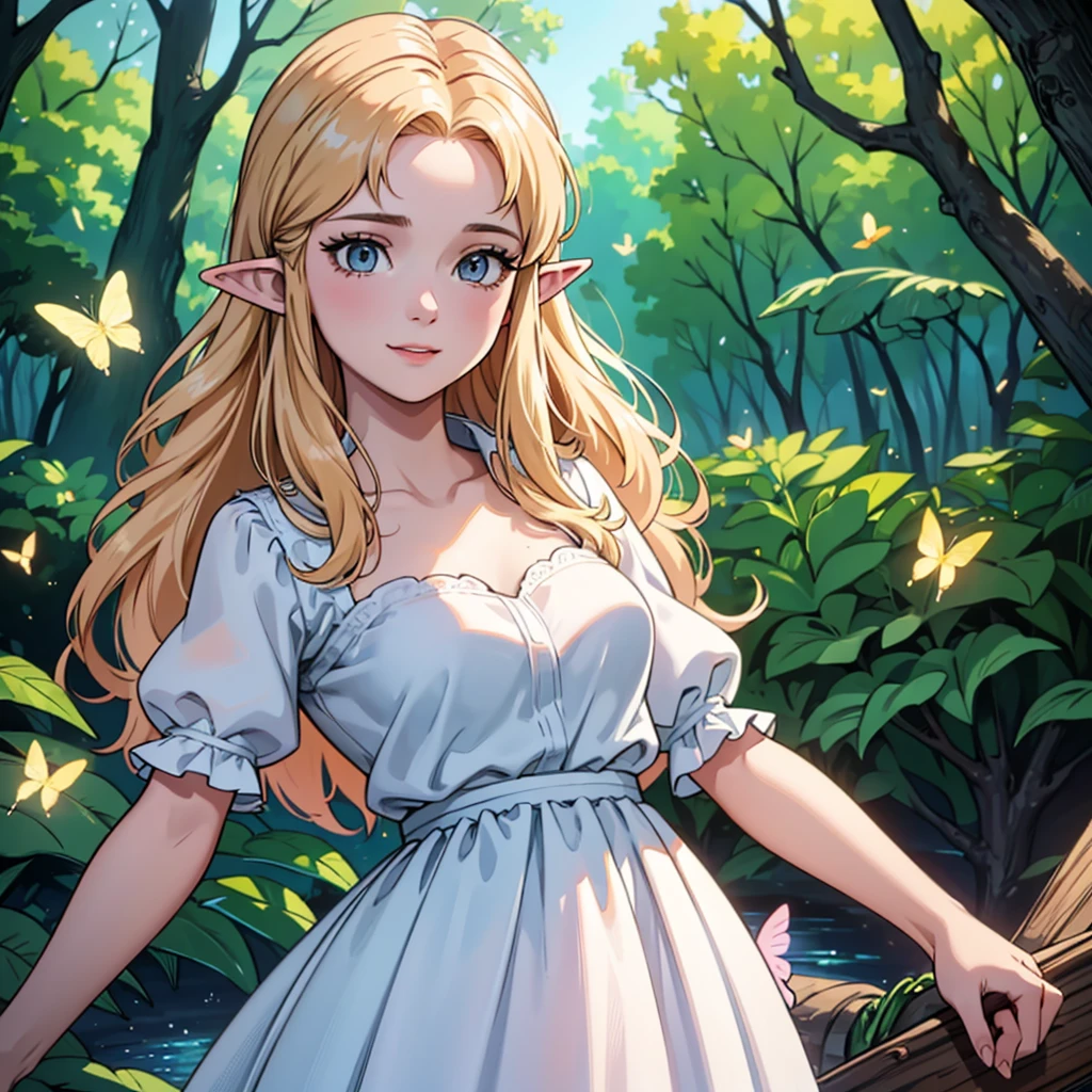 (best quality,4k,8k,highres,masterpiece:1.2),ultra-detailed,(realistic,photorealistic,photo-realistic:1.37),portrait,beautiful detailed eyes,beautiful detailed lips,extremely detailed eyes and face,long eyelashes,elf princess,flowing golden hair,pointed ears,fair and flawless skin,glimmering tiara,ethereal beauty,enchanted forest background,soft sunlight filtering through trees,magical atmosphere,colorful flowers in bloom,butterflies dancing in the air,majestic white dress,soft and flowing fabric,delicate embroidery,elven jewelry sparkling,charming and graceful posture,confident and gentle smile,vivid colors,subtle color palette,warm and soft lighting,artistic and dreamlike,