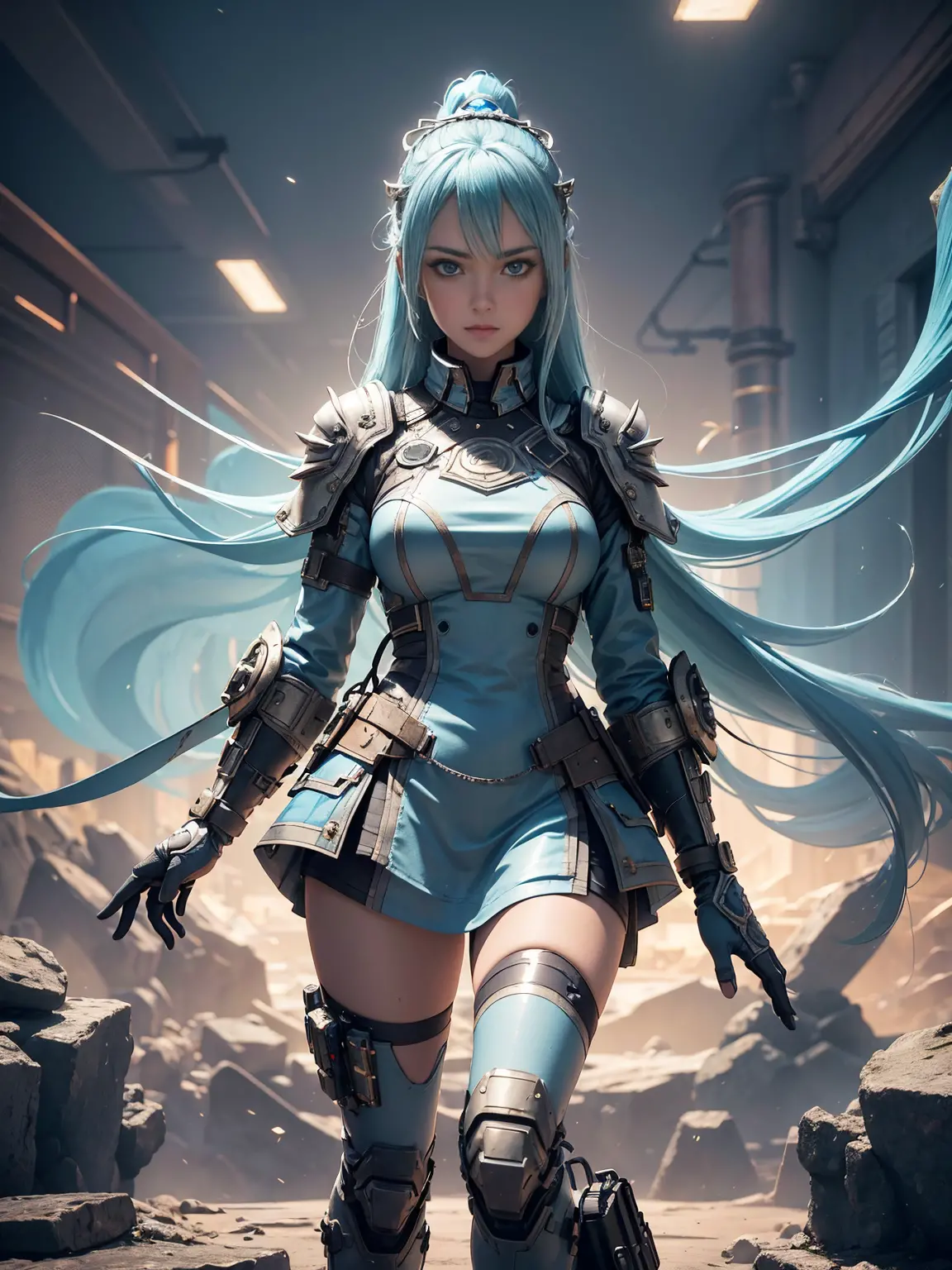 ((Best quality)), ((masterpiece)), (detailed:1.4), 3D, an image of a beautiful cyberpunk female, straight long hair, Ice Blue ha...