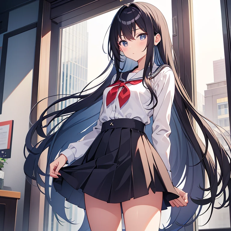 beautiful and innocent anime high school girl with long black hairs and short height with beautiful gray eyes