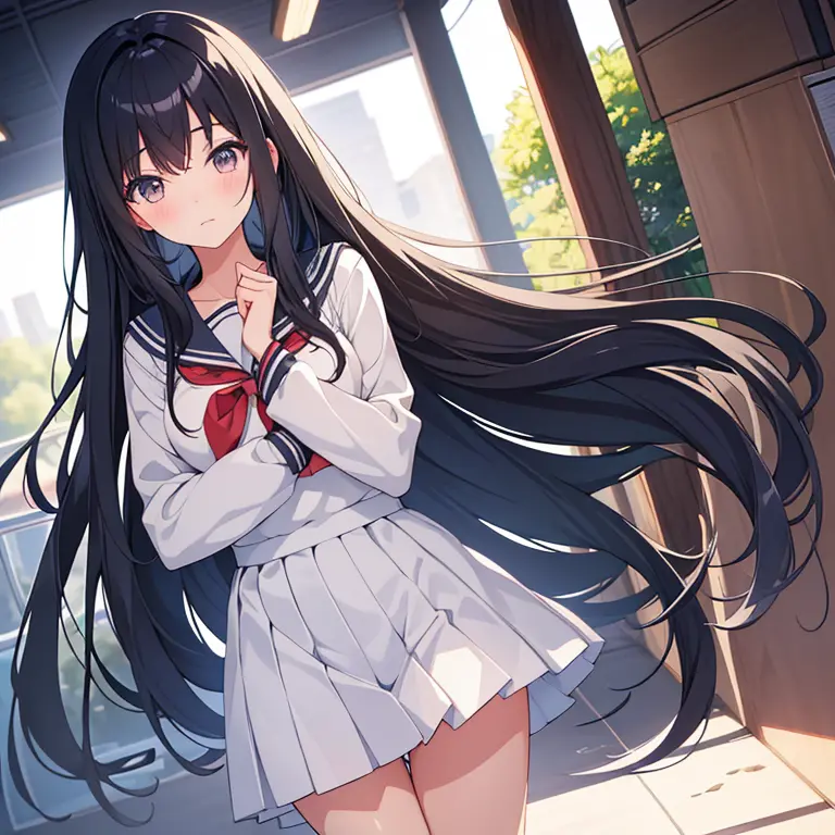 beautiful and innocent anime high school girl with long black hairs and short height with beautiful gray eyes