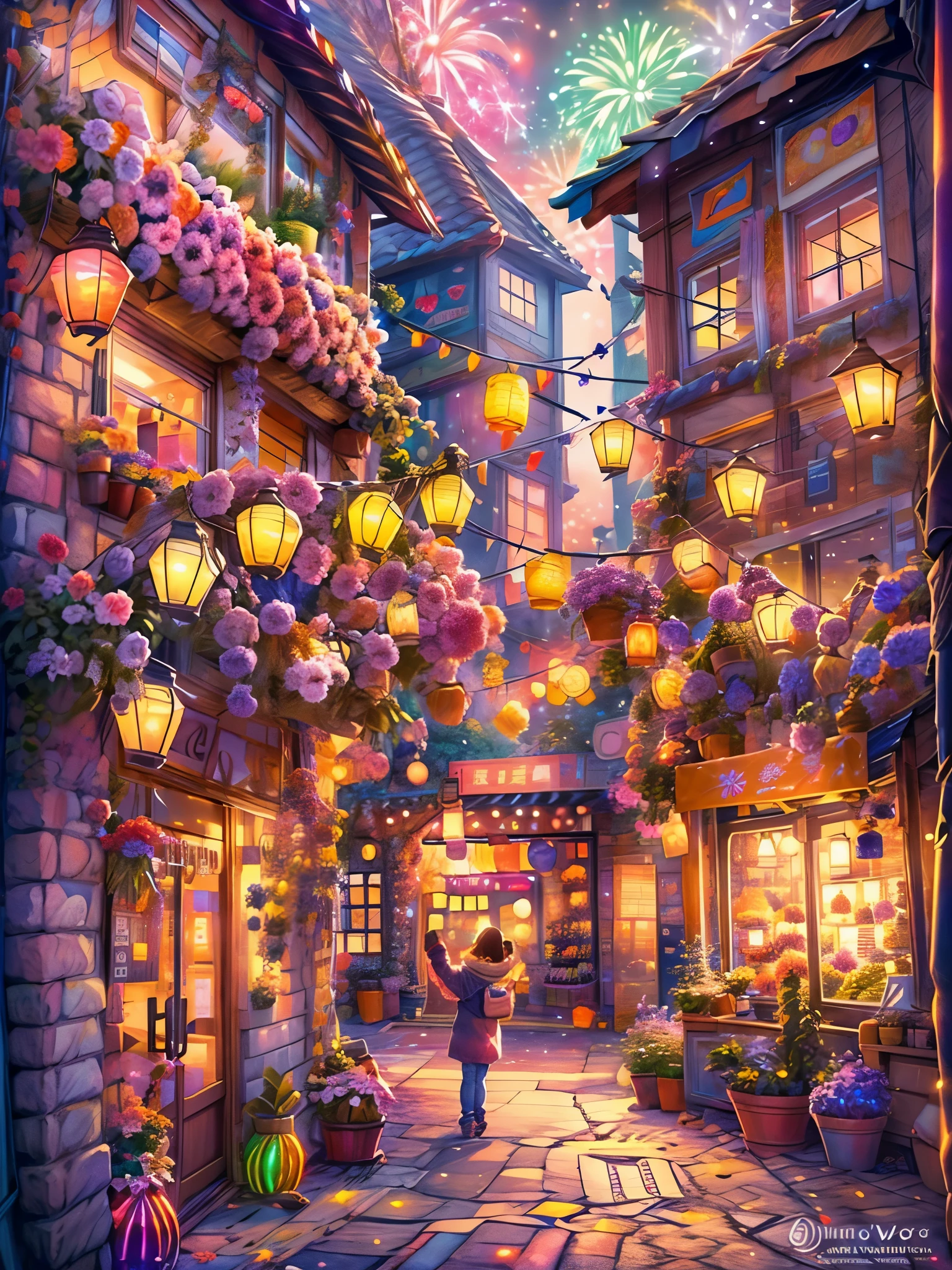 (Faraway view:1.8), ((at winter season))，(New Year&#39;s Day)，(fireworks in the night sky:1.8)，Quaint European village，(corner flower shop:1.5)，beautiful  flowers，warmly lit，(Filled with many colorful lanterns and New Year decorations:1.8)，Girl standing on charming cobblestone street, Bathed in the warm glow of street lights，Vines decorated with bright flowers climb up rustic buildings, Create scenes with natural beauty，The air is filled with the aroma of freshly baked bread from a nearby bakery.，Depicted in a delicate watercolor style