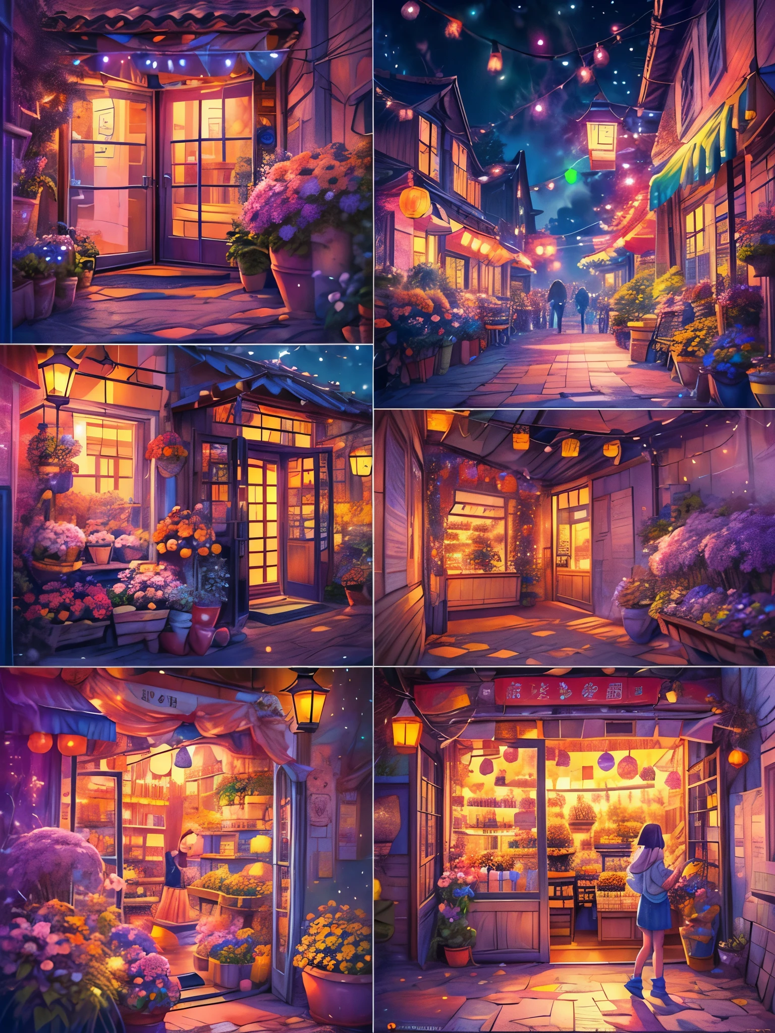 (Faraway view:1.8), ((at winter season))，(New Year&#39;s Day)，((fireworks in the night sky:1.7))，((Fireworks bloom，lots of fireworks))，Quaint European village，(corner flower shop:1.5)，beautiful  flowers，warmly lit，(Filled with many colorful lanterns and New Year decorations:1.8)，(Girl in down jacket standing on charming cobblestone street:1.2), Bathed in the warm glow of street lights，(Vines decorated with bright flowers climb up rustic buildings), Create scenes with natural beauty，The air is filled with the scent of fresh flowers from a nearby flower shop，(Depicted in delicate vector illustration style and flat style)，HighestQuali，8k，A high resolution，tmasterpiece：1.2，ultra - detailed，high dynamic range imaging，hyper HD，Studio lighting，hyperdetailed painting，Sharp focus，physically-based renderingt，Extremely detailed description，professinal，vivd colour，styled：Vector illustration