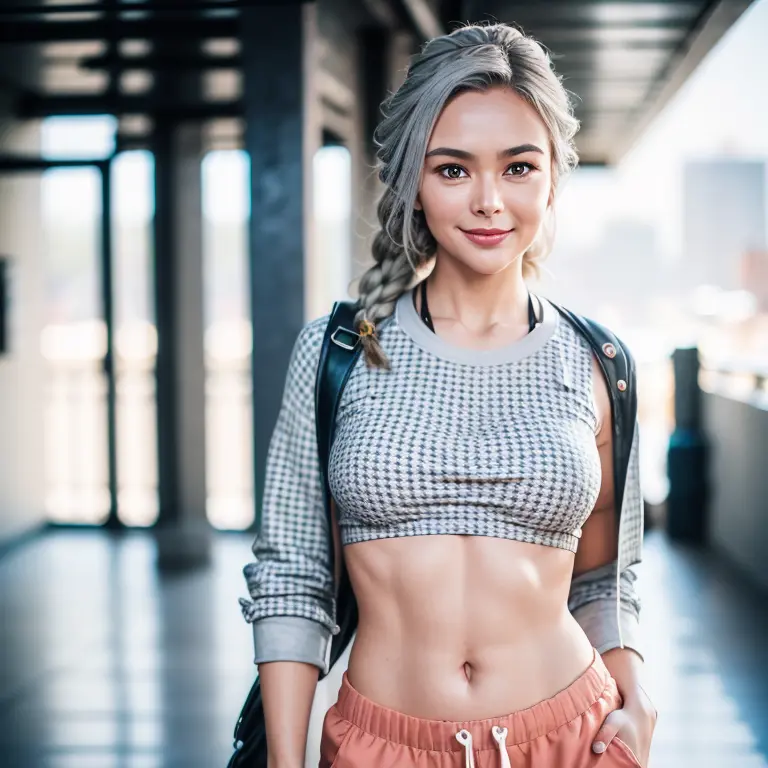 gorgeous cute Austrian girl, smiling, (crop top), Steel gray hair loose braided hair, comics printed shirt, oversized jogger pan...