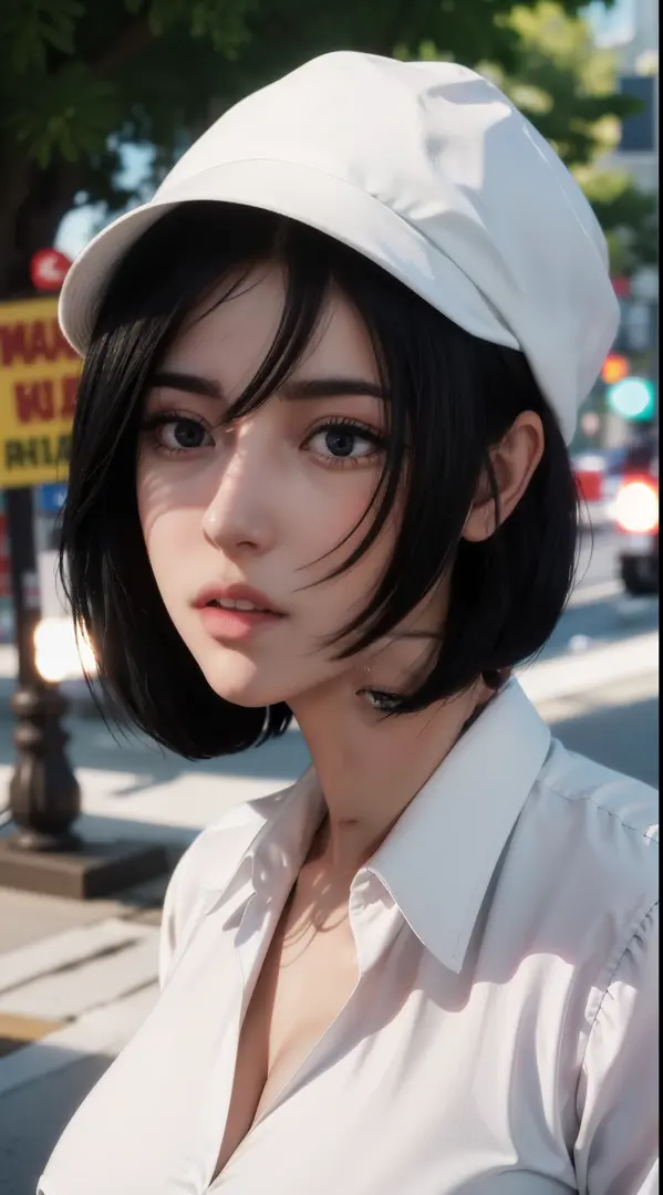 letterboxed, outdoors, on the street,
white headwear, collared shirt, white shirt,
black eyes, black hair, short_hair,hair betwe...