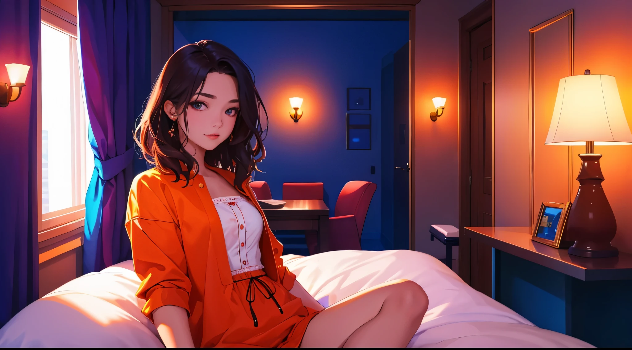tmasterpiece, Best quality at best, 1 girl, Alone, Influencers, Deep dark background, In the room at night，A girl is picked up in bed，The expression is very