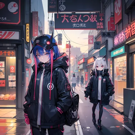 Un enfant avec un masque marche dans les rues de Tokyo. The city is inspired by Cyberpunk. Les letters japonaises et les neons d...