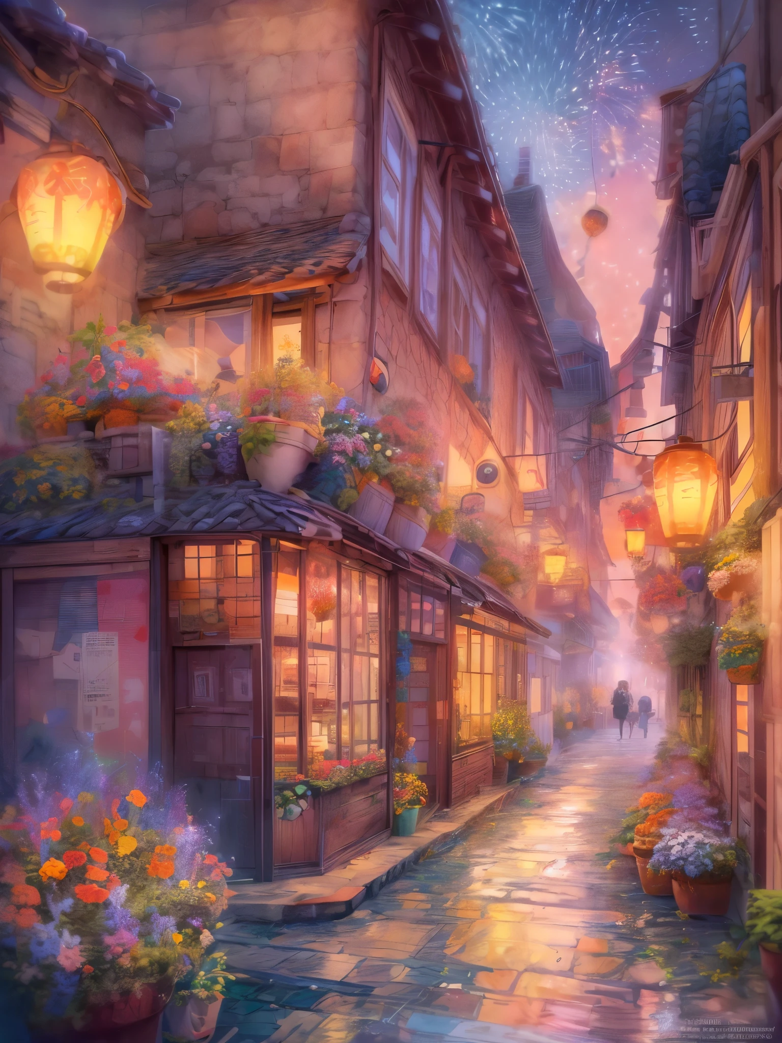 (Faraway view:1.8), ((at winter season))，(New Year&#39;s Day)，((fireworks in the night sky:1.7))，((Fireworks bloom，lots of fireworks))，Quaint European village，(corner flower shop:1.5)，beautiful  flowers，warmly lit，(Filled with many colorful lanterns and New Year decorations:1.8)，(Girl in down jacket standing on charming cobblestone street:1.2), Bathed in the warm glow of street lights，(Vines decorated with bright flowers climb up rustic buildings), Create scenes with natural beauty，The air is filled with the scent of fresh flowers from a nearby flower shop，(Depicted in delicate vector illustration style and flat style)，HighestQuali，8k，A high resolution，tmasterpiece：1.2，ultra - detailed，high dynamic range imaging，hyper HD，Studio lighting，hyperdetailed painting，Sharp focus，physically-based renderingt，Extremely detailed description，professinal，vivd colour，styled：Vector illustration