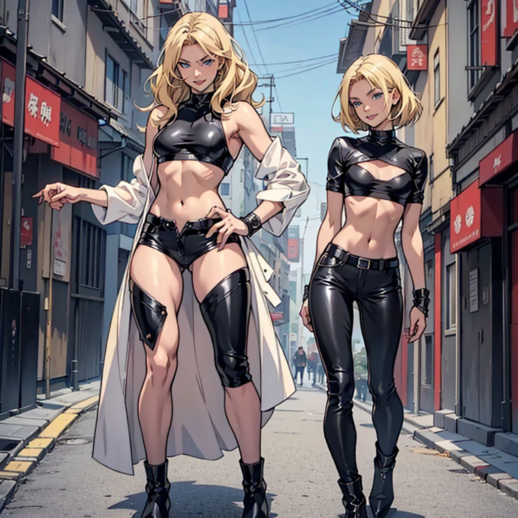 Anime style image of a beautiful woman with blonde hair, straight and short.blue eyes, fair skin, delicate appearance, smiling, reddened lips, small breasts, big ass, thin waist and wearing a gray cropped and a black leather pants. Full body