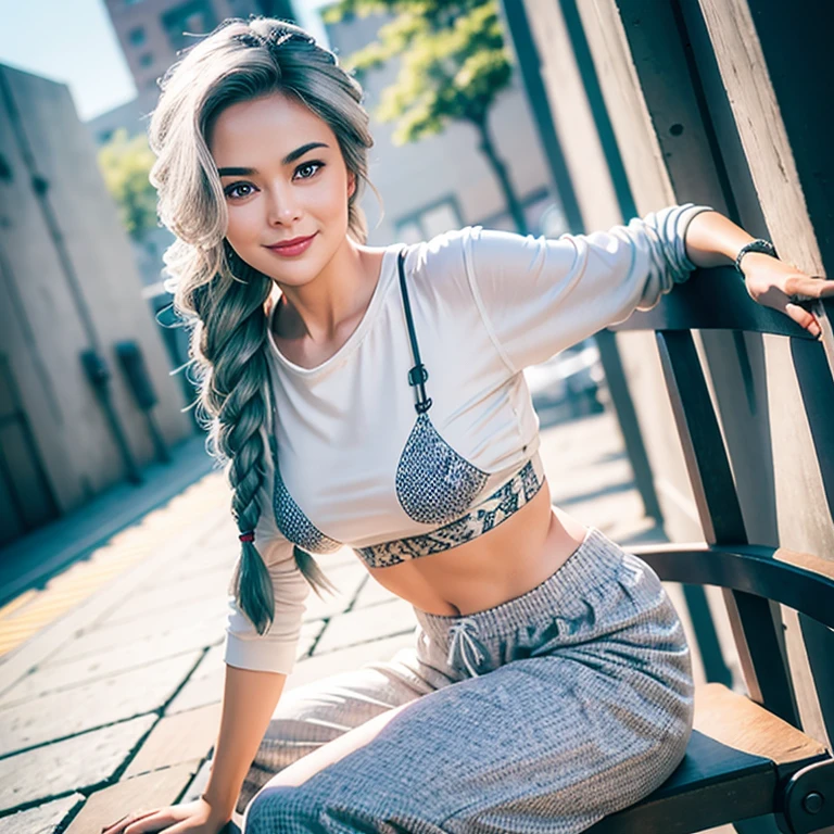 gorgeous cute Austrian girl,  (crop top), Steel gray hair loose braided hai, printed shirt, oversized jogger pants, siting on street chair, smiling,  perfectly symmetrical face, detailed skin, vivid colours, HDR, hard shadows, art photography, soft focus, masterpiece, breathtaking, atmospheric perspective, diffusion, pore correlation, skin imperfections, 80mm Sigma f2, depth of field, intricate natural lighting