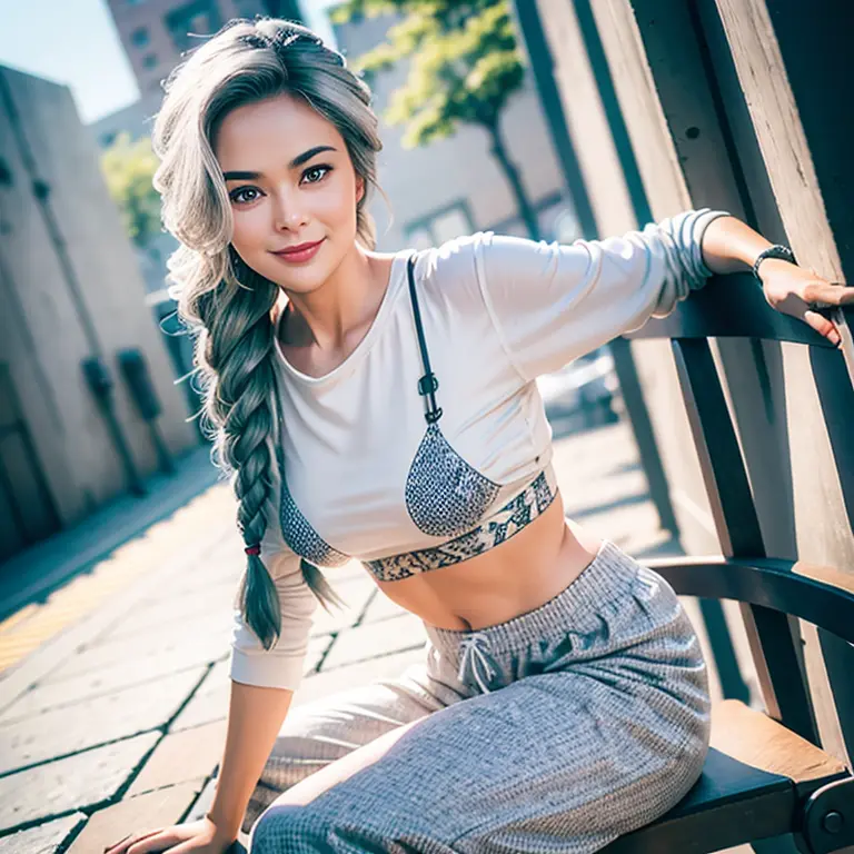 gorgeous cute Austrian girl,  (crop top), Steel gray hair loose braided hai, printed shirt, oversized jogger pants, siting on st...