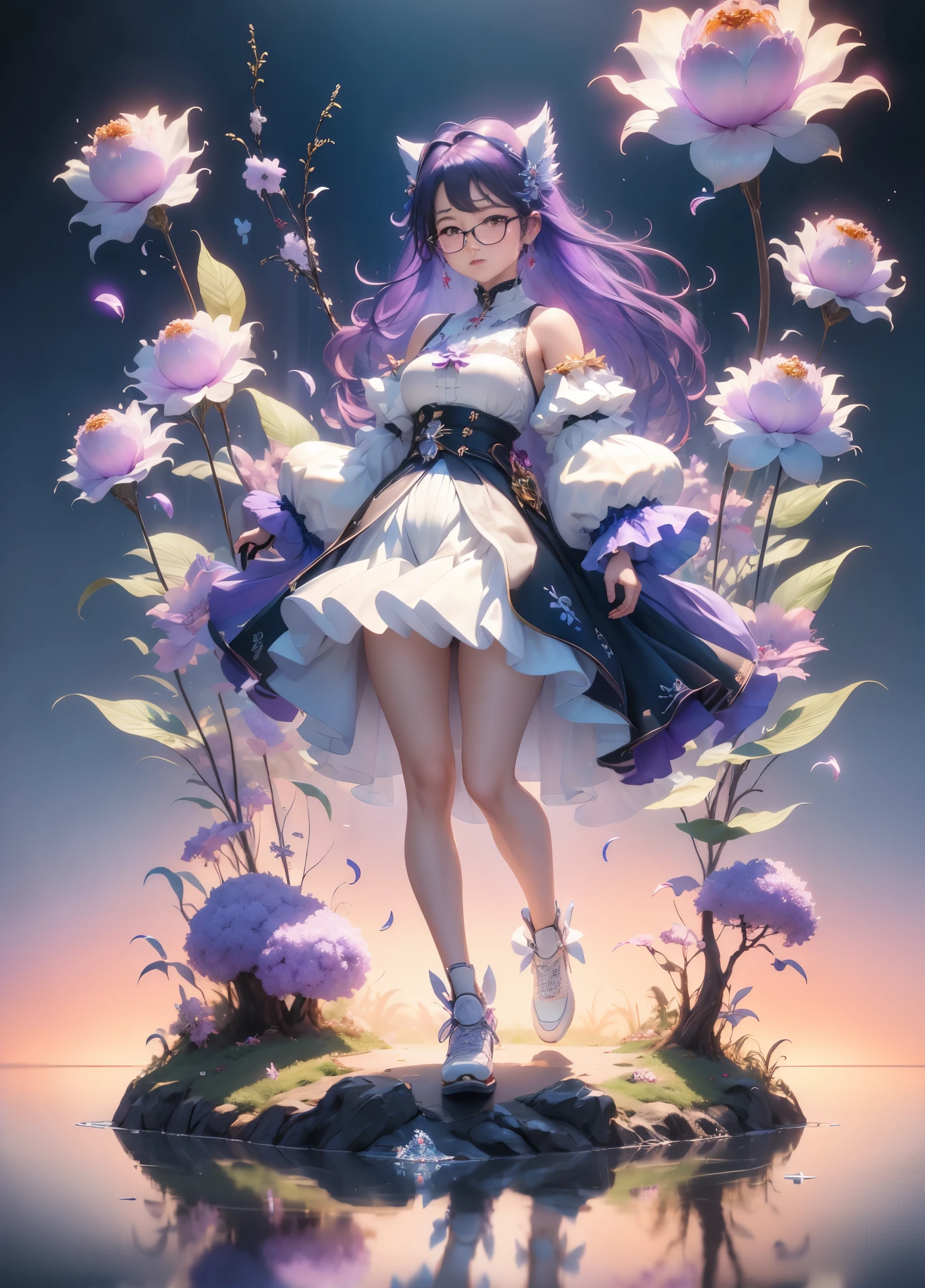 tmasterpiece, Best quality,kfc, 1 girl, through bangshoulder, a skirt, , mitts, jewely, The large_, long_the hair, long_the sleeve, lace hose, The purple_eyed, The purple_the hair, The shirt, Alone,Peek at viewers,sunsglasses,比基尼, (suns, cloud,Renaissance Water City,Outdoor sports :1.1),render in blender((isometry)),