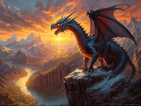 fantasy art, dnd art, RPG art, wide shot, (masterpiece: 1.4) a dragon spread his wings on top of a mountain as the sun rises beh...