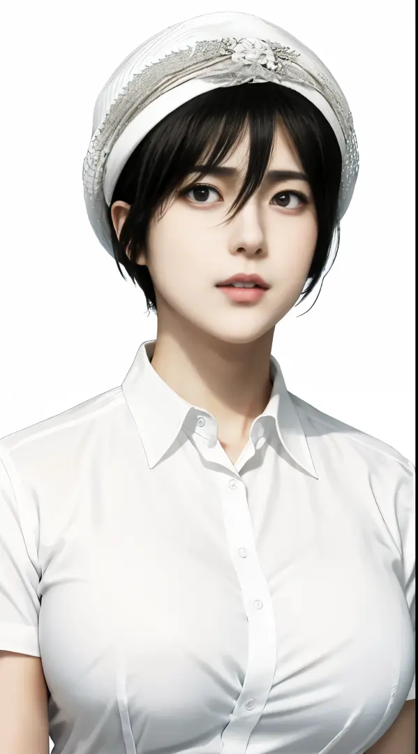 mikasa ackerman mikasa ackerman | attack on titan | mappa, large breasts, white background ,white headwear, collared shirt, whit...