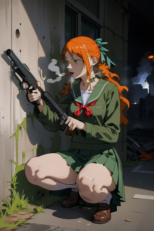 mommy, 
serafuku, green shirt, upskirt, Against a wall, Squatting, bullet holes, The vibrant, holding weapon, Smoke, chaotic,
1girl, 独奏, Cowboy shot, City