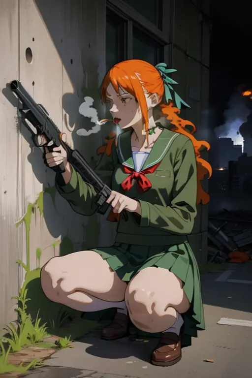 mommy, 
serafuku, green shirt, upskirt, against a wall, squatting, bullet holes, the vibrant, holding weapon, smoke, chaotic,
1g...