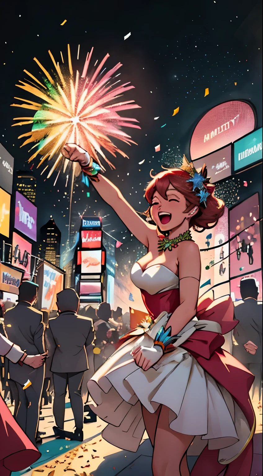 (Réveillon de Nouvel an, Times Square),festive atmosphère,fête,explosion de feux d&#39;artifice, Foule animée, acclamations and laughter, confettis colorés, lumières vibrantes,[Pétillant] ornements, musique joyeuse, [Passionnant] anticipation, énergie bourdonnante, [éblouissant] spectacle de lumière, [spectaculaire] Feu d&#39;artifice, [compte à rebours], [Plein d&#39;entrain] fêtards, [stellaire] Les performances, [Élaborer] décorations, [Joyeux] dansant, [magnifique] horizon, [exaltant] des moments, [inoubliable] souvenirs, [énergique] fêtards, [glamour] tenues, [en extase] fêtes, [unifié] acclamations, [spectaculaire] chute de balle, [Incroyable] pluie de confettis, [exubérant] atmosphère, [Éclatement] canons à confettis, [tonnerre] applaudissements, [enchanteur] ciel de nuit, [inoubliable] expérience