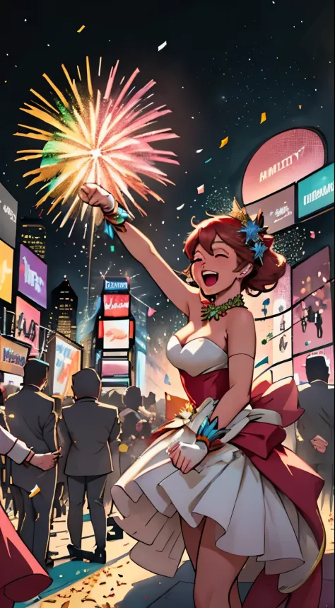 (new years eve, times square),festive atmosphere,celebration,fireworks explosion, lively crowd, cheers and laughter, colorful co...
