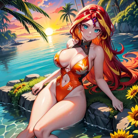 sunset shimmer, sunset shimmer from my little pony, sunset shimmer in the form of a young woman, big breasts, lush breasts, two tones of hair, red and yellow hair, in the beach, red and yellow flowers, solo, one character, red and yellow one piece swimsuit...
