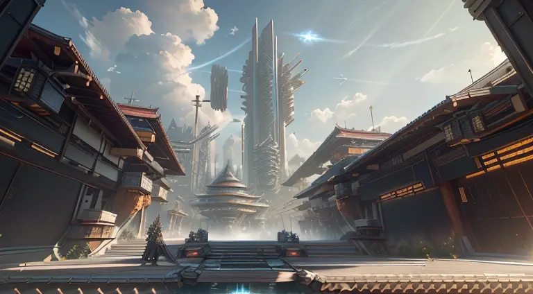 Oriental science fiction，平行时空的中国mirai城市，Sci-fi complex，mirai，Takamatsu new architectural style，《Cyberpunk 2077》in oriental archi...