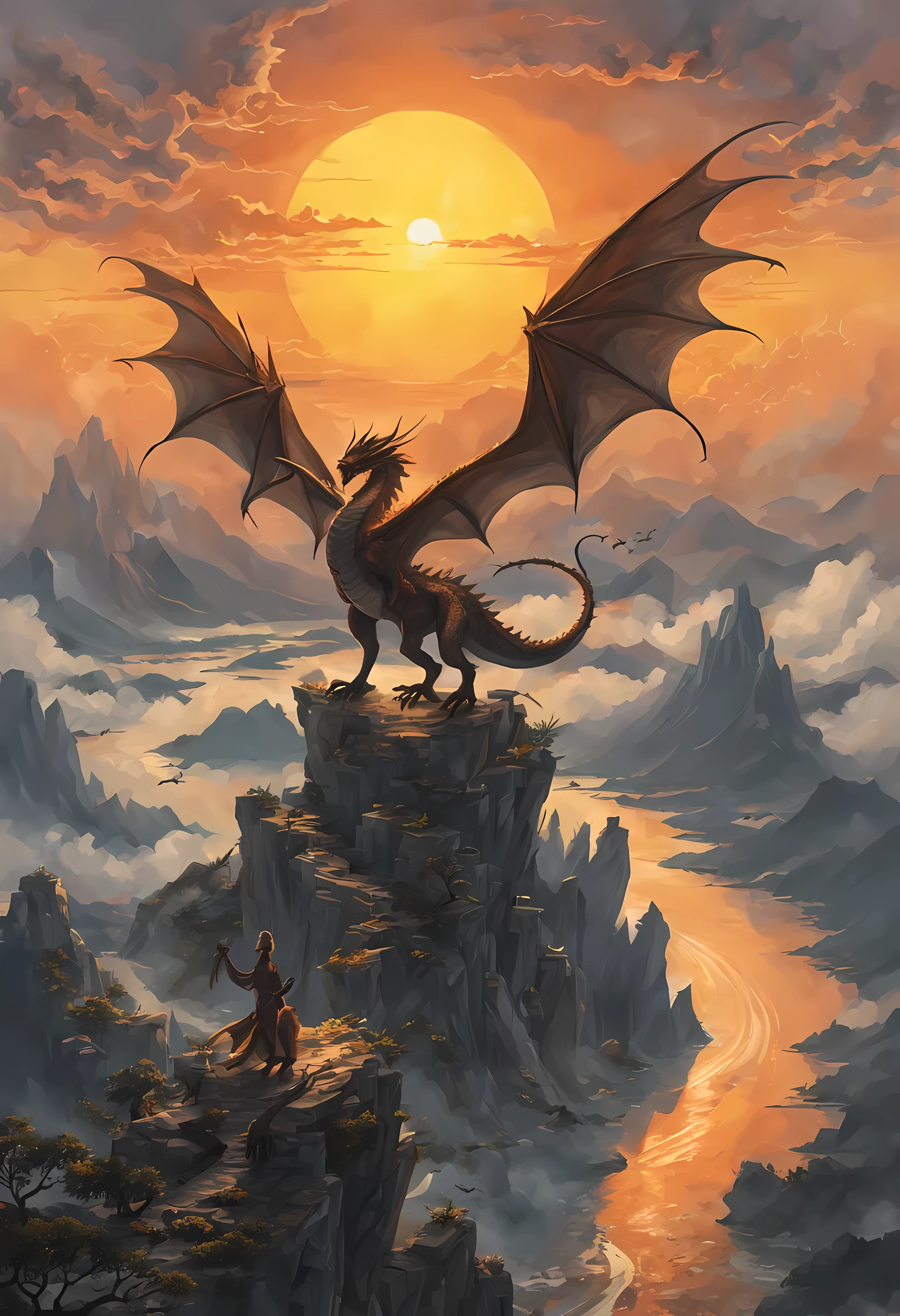 アンチアート, dndアート, RPGアート, ワイドショット, (傑作: 1.4) a silhouette of a dragon that spread his wings on top of a mountain as 太陽 rises at dawn behind him. 反射光, 細部までこだわった, 最高品質, 16k, [超詳細], 傑作, 最高品質, (非常に詳細な), 太陽 (ドラゴンの後ろに影を落とす: 1.5), 太陽の光, 雲, ultra ワイドショット, 写実的な, 生, fアンチアート, dndアート, fアンチアート, リアルなAR