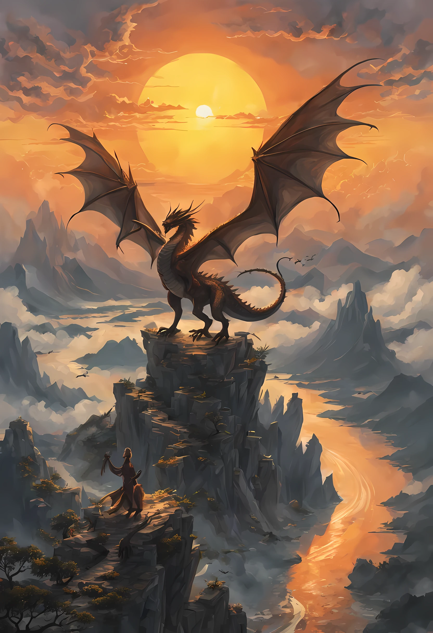 反感艺术, dnd 艺术, 角色扮演游戏艺术, 广角镜头, (杰作: 1.4) a silhouette of a dragon that spread his wings on top of a mountain as 太阳 rises at dawn behind him. 反射光, 高细节, 最好的质量, 16千, [极其详细], 杰作, 最好的质量, (极其详细), 太阳 (在龙的后面投下阴影: 1.5), 太阳光线, 云, ultra 广角镜头, 真实感, 生的, f反感艺术, dnd 艺术, f反感艺术, 现实的