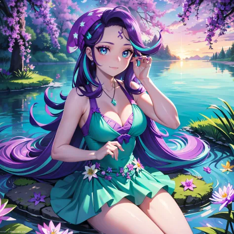 starlight glimmer, starlight glimmer from my little pony, starlight glimmer in the form of a young woman, big breasts, lush breasts, two tones of hair, turquoise and purple hair, in the beach, purple and turquoise flowers, solo, one character, turquoise an...