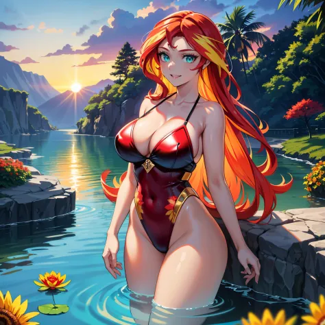 sunset shimmer, sunset shimmer from my little pony, sunset shimmer in the form of a young woman, big breasts, lush breasts, two tones of hair, red and yellow hair, in the beach, red and yellow flowers, solo, one character, red and yellow one piece swimsuit...
