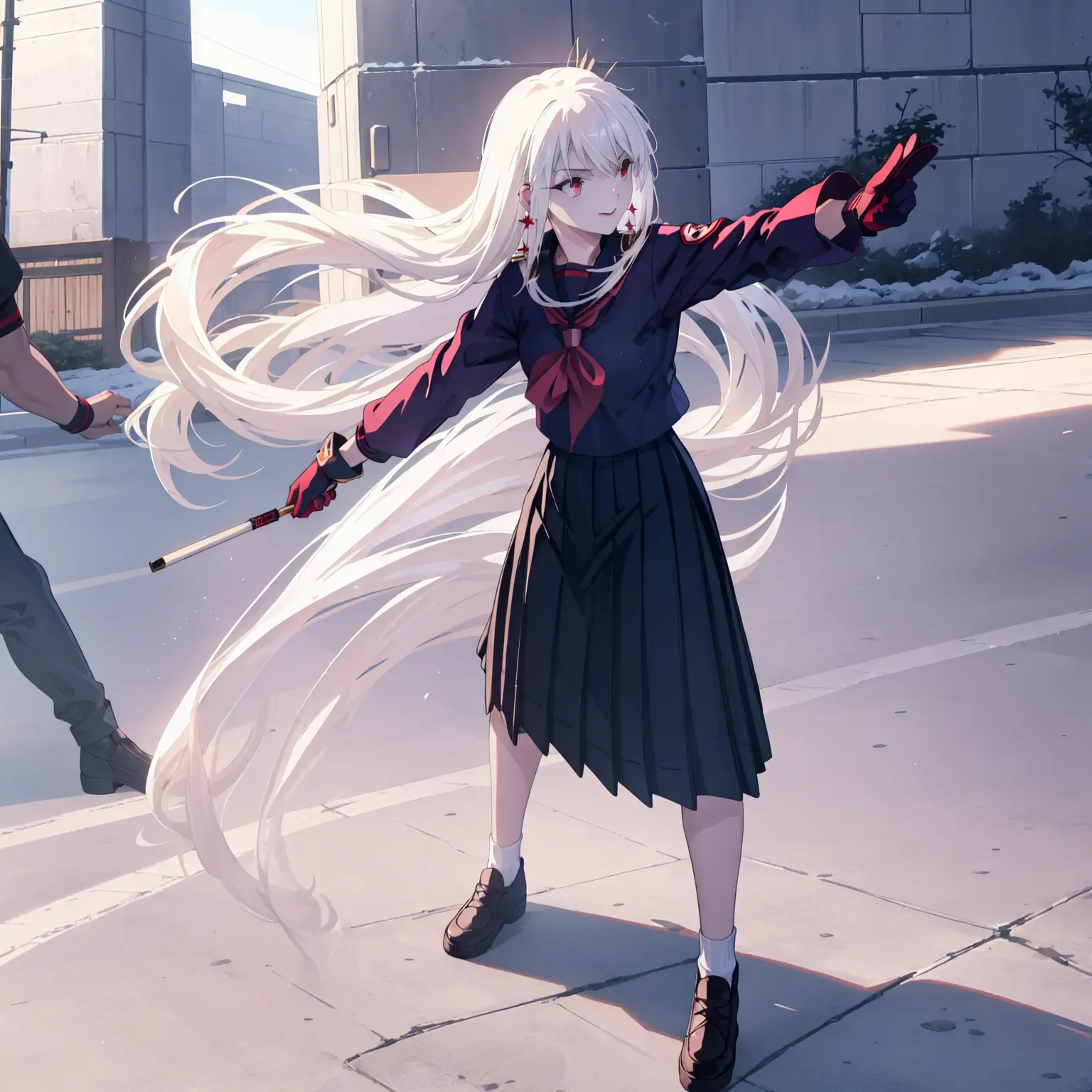 sukeban illyasviel_von_einzbern, mature_female, silver hair, holding yoyo, combat pose, full body, flowing hair, hair between th...