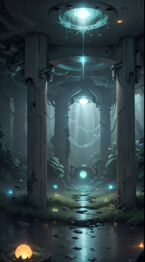Imagine a concrete wall，One of the huge circles of light appears in the form of interplanetary portals, inside a forest with rad...