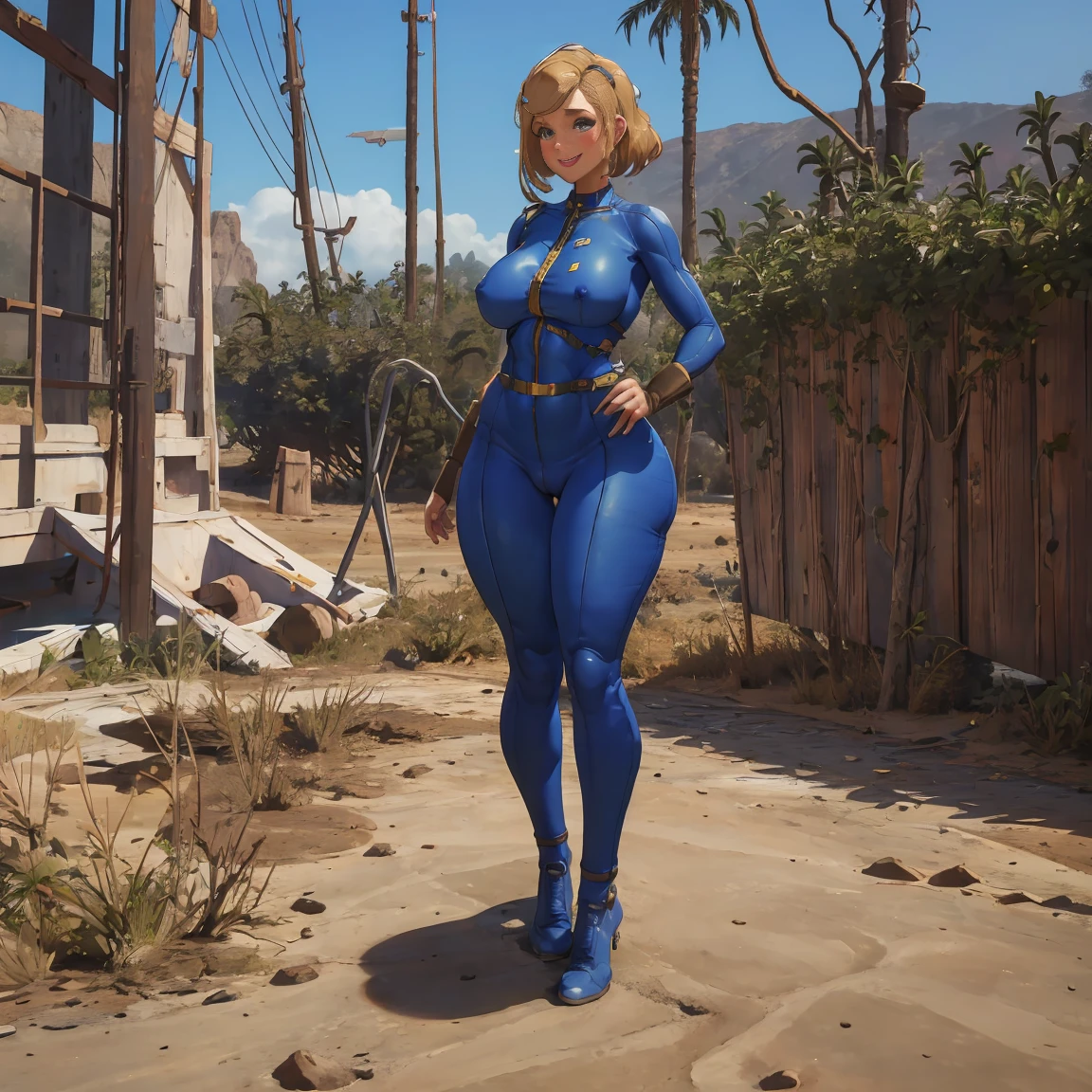 nsfw, slutty vault girl from fallout, (masterpiece), (best quality), 8k resolution, ultra-detailed, hyper-detailed, (1girl), bimbo vault girl ,slutty vault girl jumpsuit, perfect body, smile, chubby, thick thighs, thick legs, wide hips, slim waist, hourglass figure, venus body, (full body)(topless:1.3)
