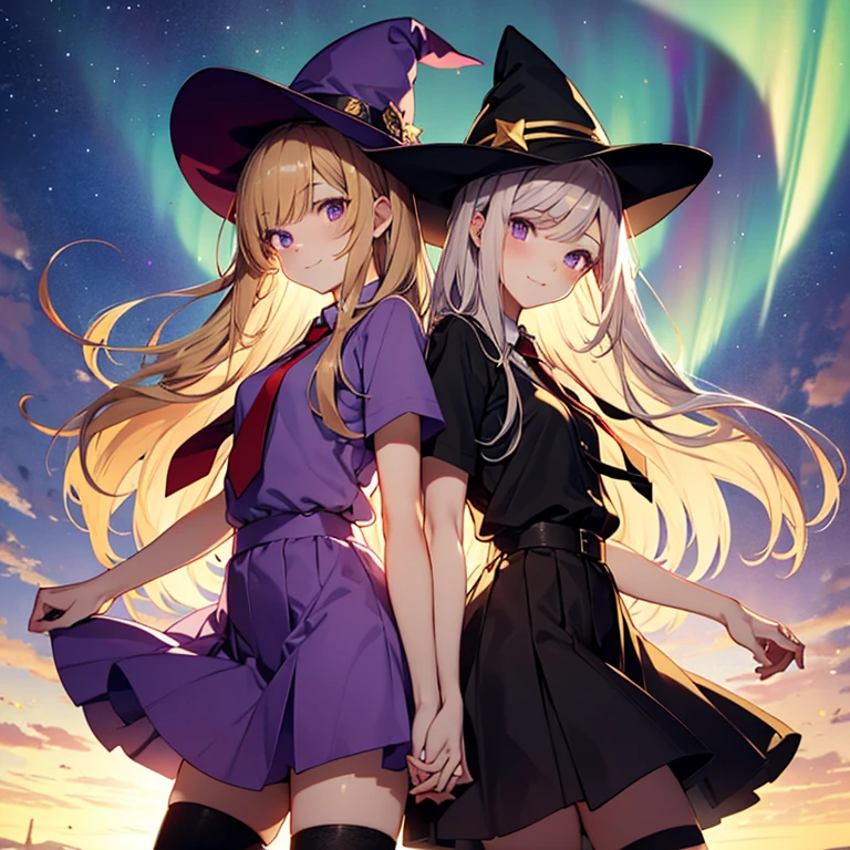 two anime witch girls with long hair and dresses standing in front of a star and aurora, multiple girls, 2girls, hat, mob cap, album cover, blonde hair, necktie, dress, purple eyes, skirt, shirt, brown hair, smile, purple dress, red eyes, looking at viewer, short sleeves, over knee socks