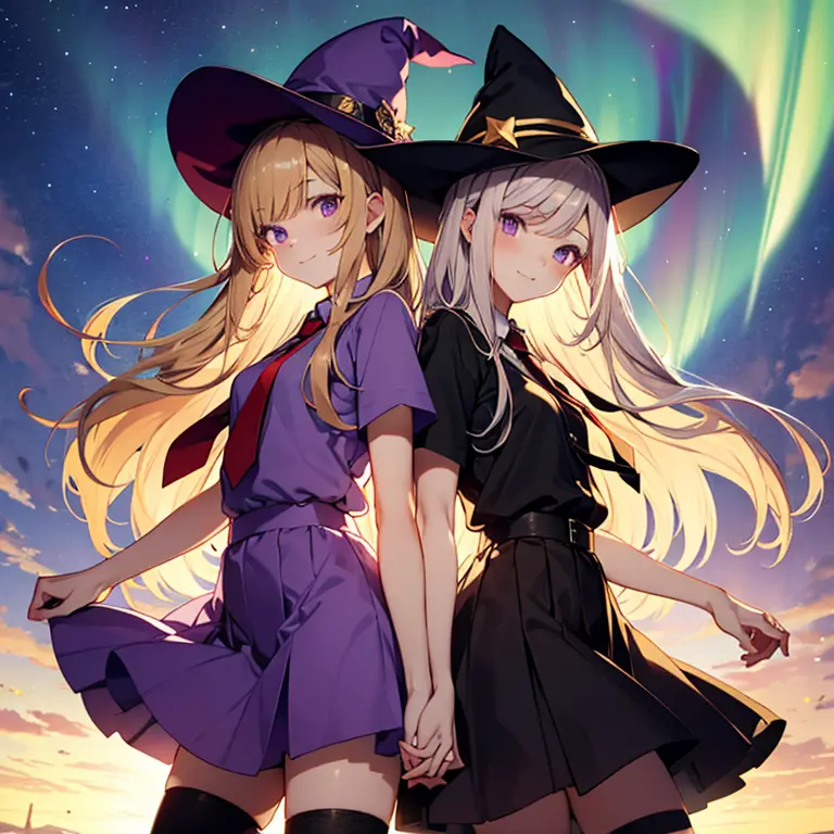 two anime witch girls with long hair and dresses standing in front of a star and aurora, multiple girls, 2girls, hat, mob cap, a...
