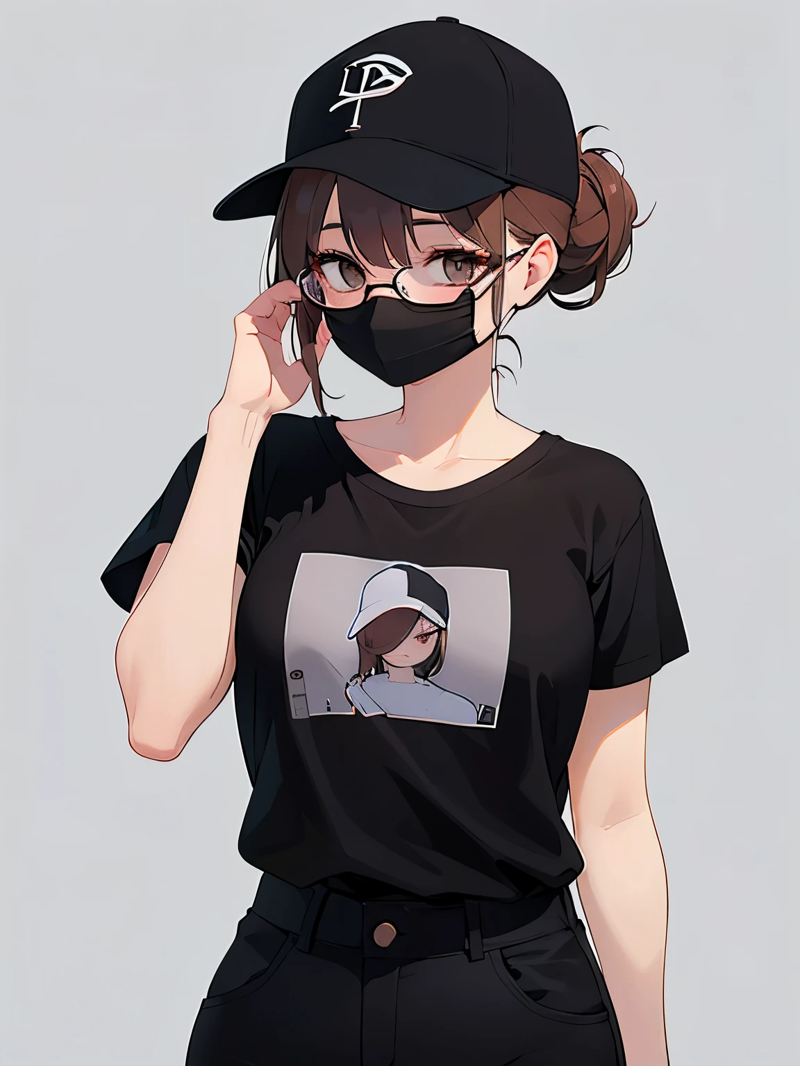 under-rim glasses, black baseball cap, mouth mask, ​masterpiece、top-quality、 hair over one eye, hair bun, A 2 brown-eyed woman with medium hair and bright chestnut bangs.、wearing black tshirt、Wearing black pants、is standing、The background is office、Bold composition、Upper body is shown、Alone、