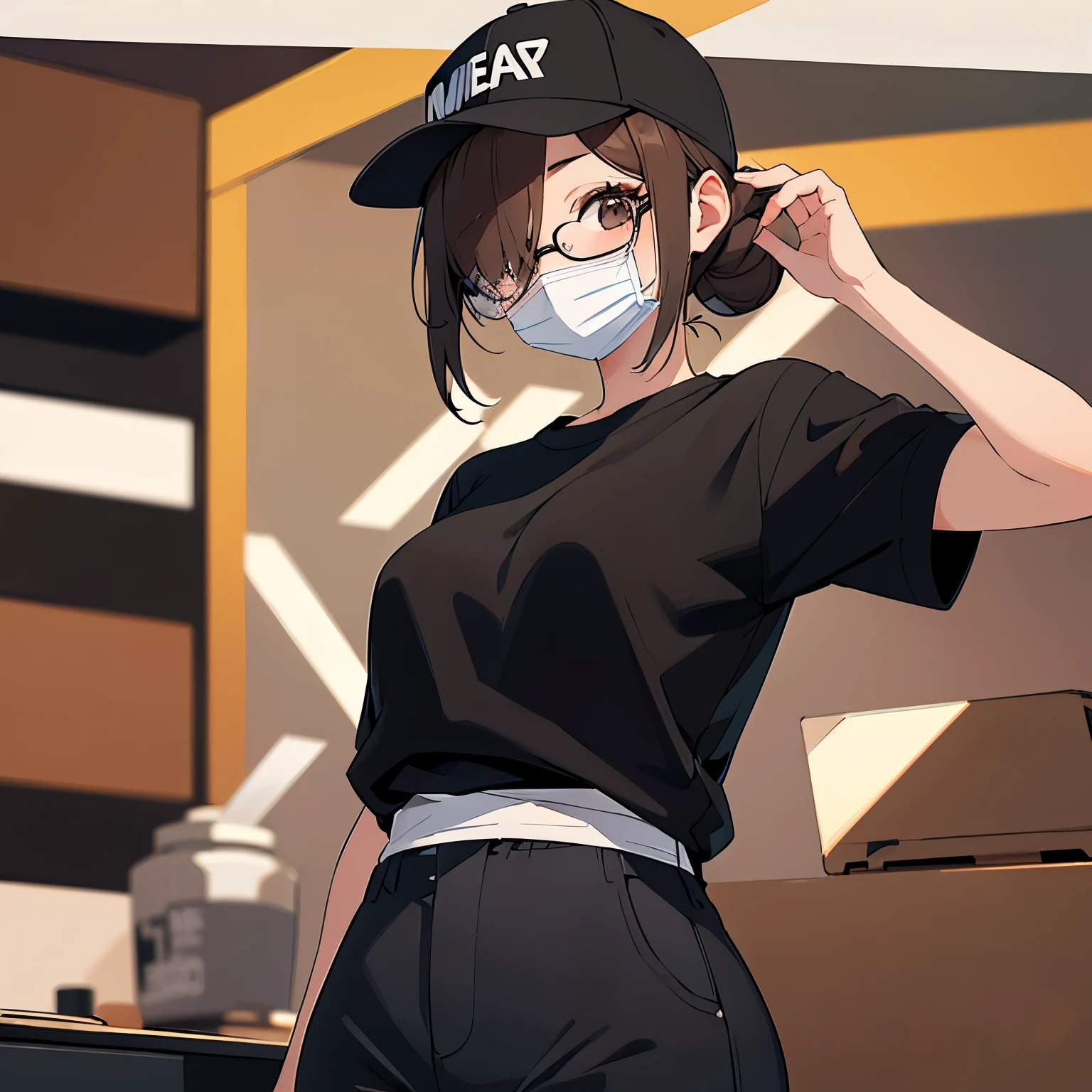 under-rim glasses, black baseball cap, mouth mask, ​masterpiece、top-quality、 hair over one eye, hair bun, A 25-year-old brown-eyed woman with medium hair and bright chestnut bangs.、wearing black tshirt、Wearing black pants、is standing、The background is office、Bold composition、Upper body is shown、Alone、