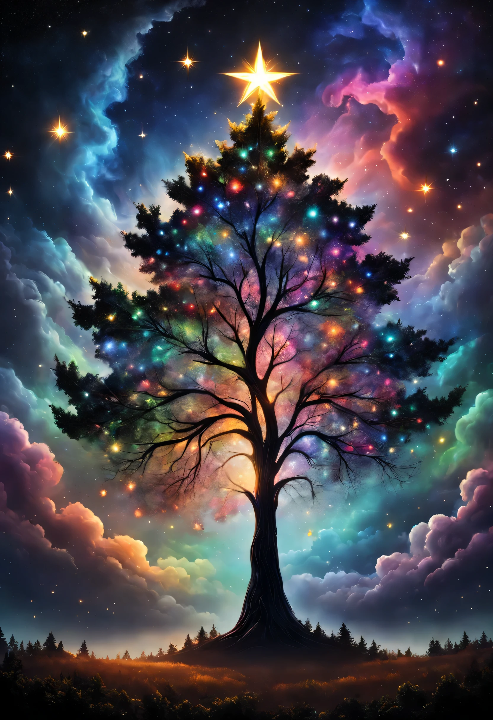 tree silhouettes:A black:Cool,Place many stars at leaf positions,Shining stars:place a big star on the tree,dark night sky background:Colorful clouds,Intricate details,T-Mastepiece