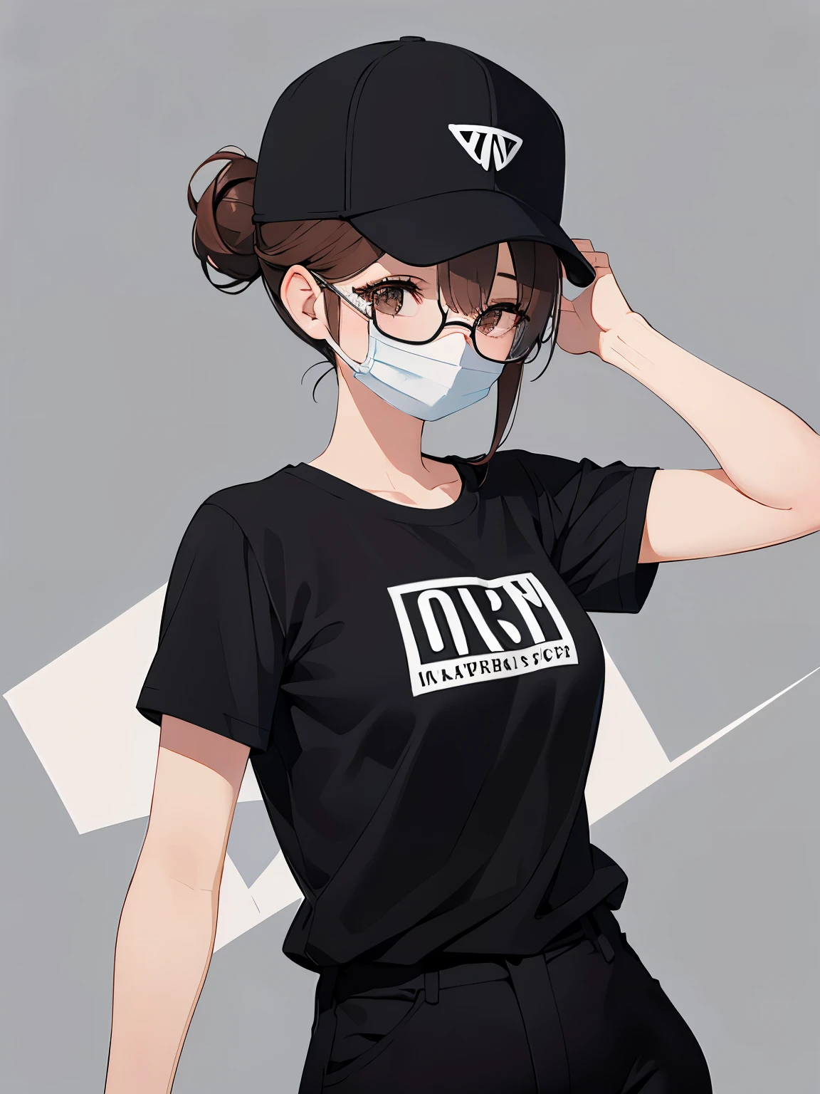 under-rim glasses, black baseball cap, mouth mask, ​masterpiece、top-quality、 hair over one eye, hair bun, A 25-year-old brown-eyed woman with medium hair and bright chestnut bangs.、wearing black tshirt、Wearing black pants、is standing、The background is office、Bold composition、Upper body is shown、Alone、