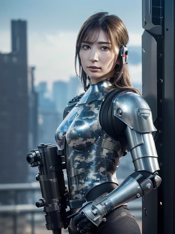 extremely detailed CG unity 16K wallpaper, (raw photography, cyberpunk:1.3), science fiction, (photorealistic, highest quality, masterpiece:1.2), (correct anatomy:1.5), POV, (from front:1.4), (from blow:1.1), dynamic angle, 1 girl, ((female soldier with mechanize body:1.4)), solo, ((full body shot:1.2)), black hair, ponytail, fairly detailed skin, tan, realistic and bright eyes, highly detailed nose and lips, expressionless, ((camouflaged-body armor, equipped with jet pack:1.5)), (((flying with using jet pack:1.4))), (((holding 1 large blaster rifle:1.3))), slender, medium breast, (((outdoor, daytime, futuristic city, battlefield, shootout:1.5))), cinematic lighting, professional photo, depth of field, sharp focus, highest resolution, ultra high res